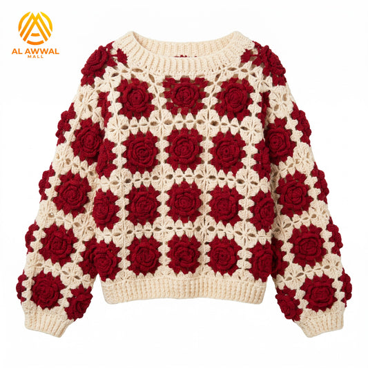 Handmade Crochet Girls Sweater with Red Rose Square Motifs