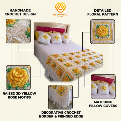 Yellow Crochet Blankets with Rose Block Design, Green Leaves & Matching Pillow Covers