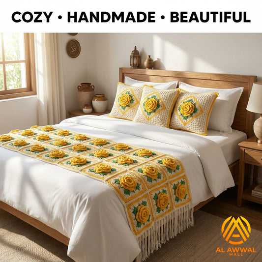 Yellow Crochet Blankets with Rose Block Design, Green Leaves & Matching Pillow Covers