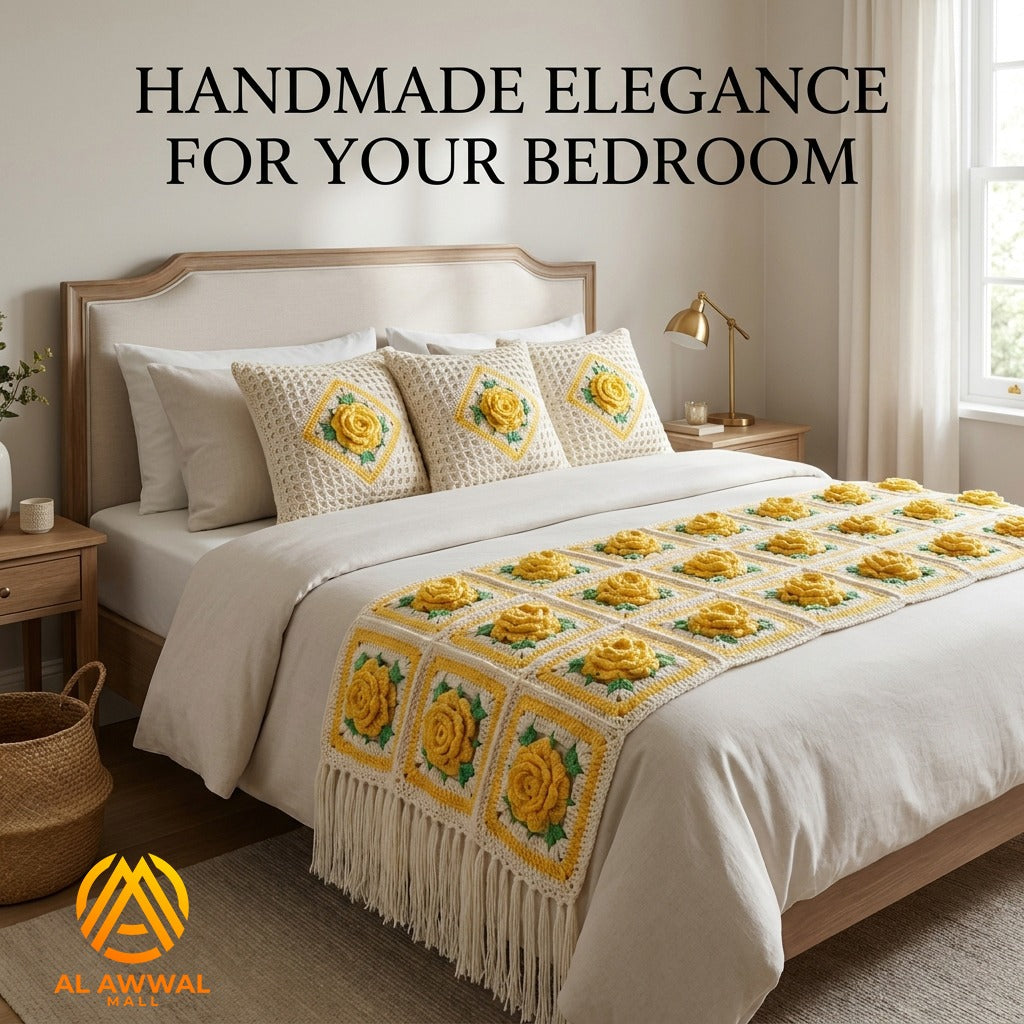 Yellow Crochet Blankets with Rose Block Design, Green Leaves & Matching Pillow Covers