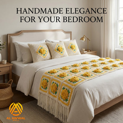 Yellow Crochet Blankets with Rose Block Design, Green Leaves & Matching Pillow Covers