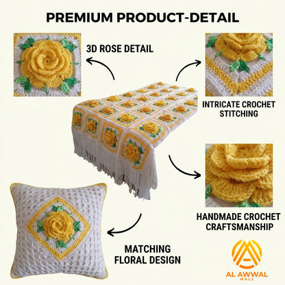 Yellow Crochet Blankets with Rose Block Design, Green Leaves & Matching Pillow Covers