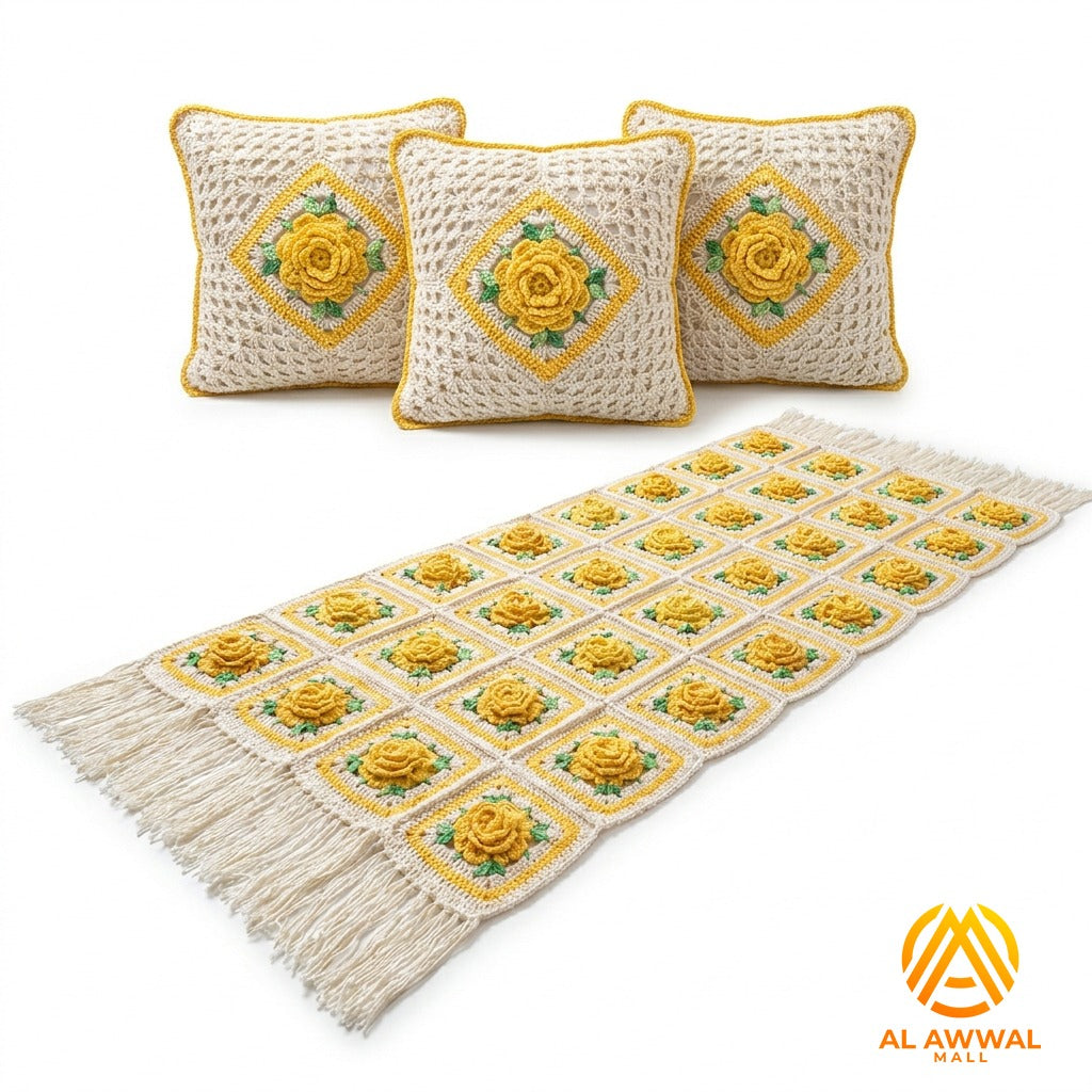 Yellow Crochet Blankets with Rose Block Design, Green Leaves & Matching Pillow Covers