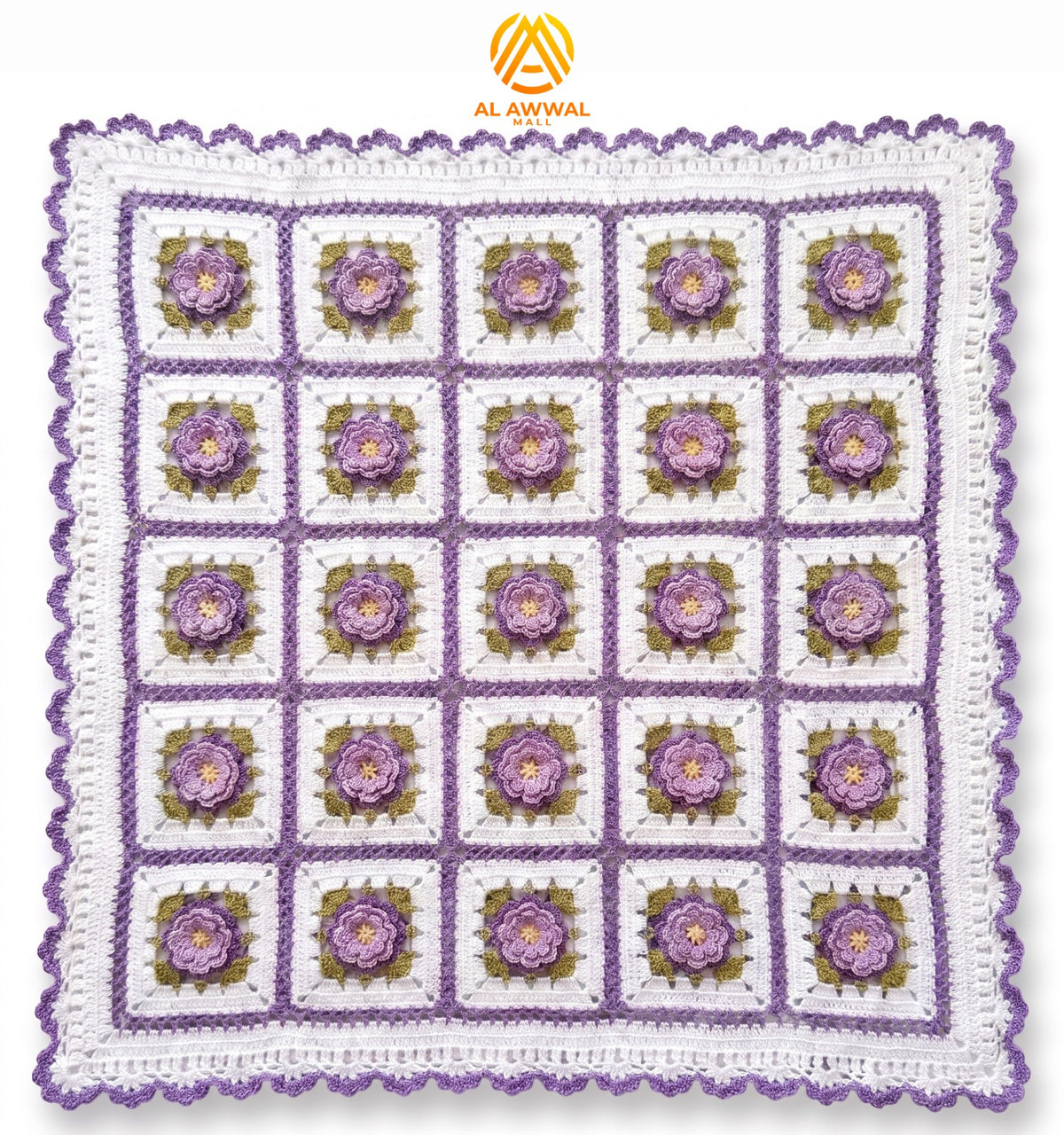 Crochet Blanket with Purple Lily Motifs & Scalloped Border