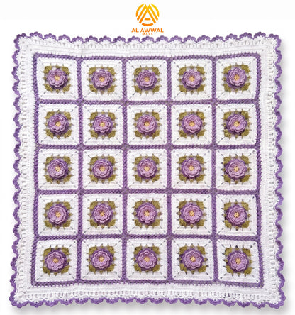 Crochet Blanket with Purple Lily Motifs & Scalloped Border