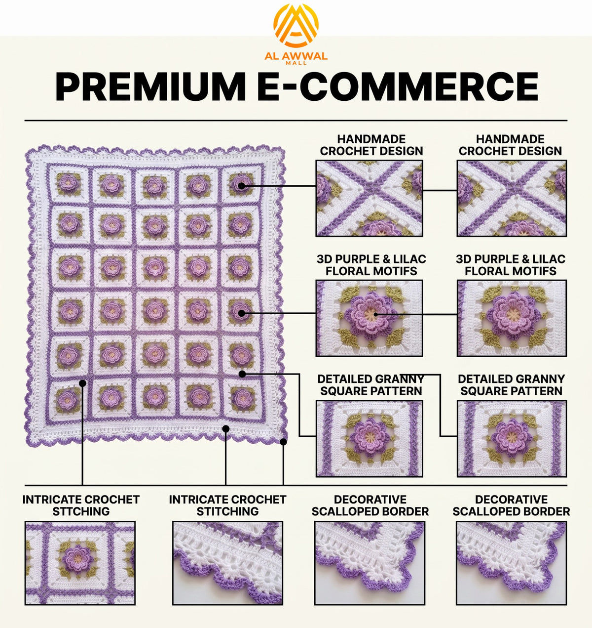 Crochet Blanket with Purple Lily Motifs & Scalloped Border