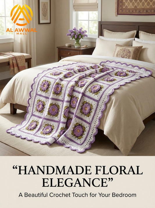 Crochet Blanket with Purple Lily Motifs & Scalloped Border