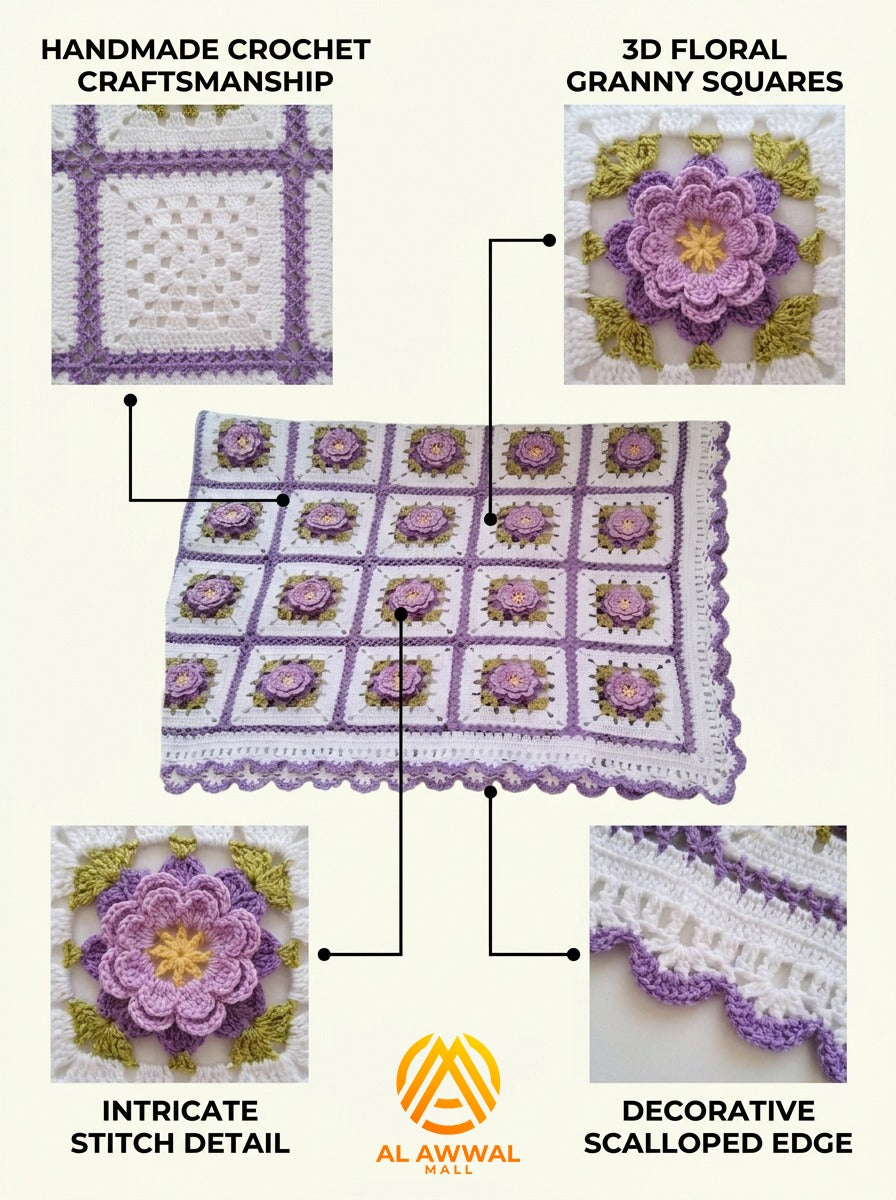 Crochet Blanket with Purple Lily Motifs & Scalloped Border
