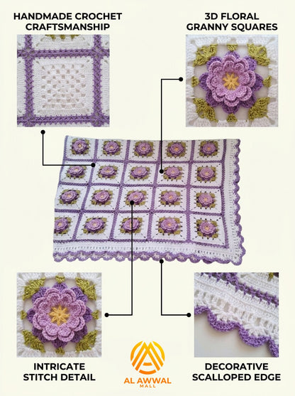 Crochet Blanket with Purple Lily Motifs & Scalloped Border