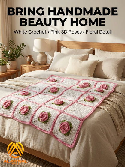 White Crochet Bedsheet with 3D Pink Rose Square Design