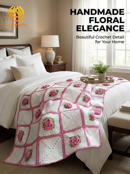 White Crochet Bedsheet with 3D Pink Rose Square Design