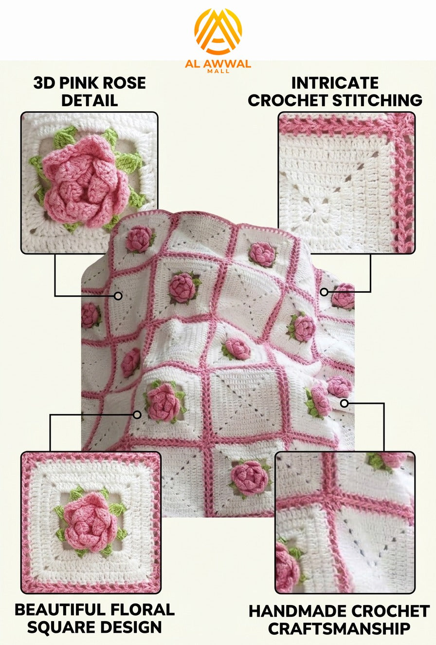 White Crochet Bedsheet with 3D Pink Rose Square Design