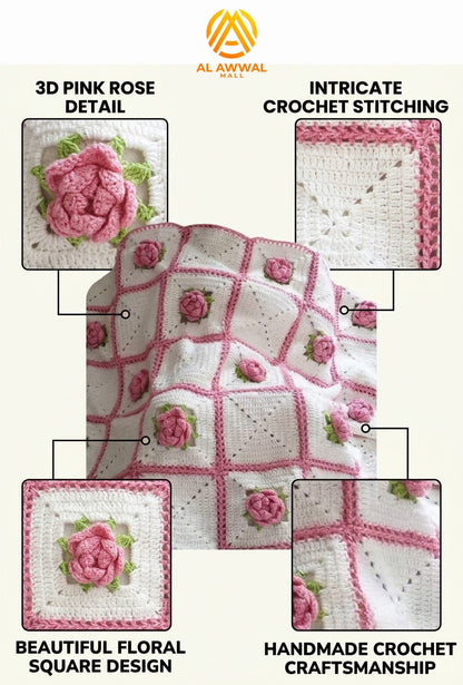 White Crochet Bedsheet with 3D Pink Rose Square Design