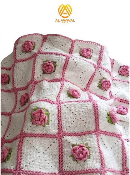 White Crochet Bedsheet with 3D Pink Rose Square Design