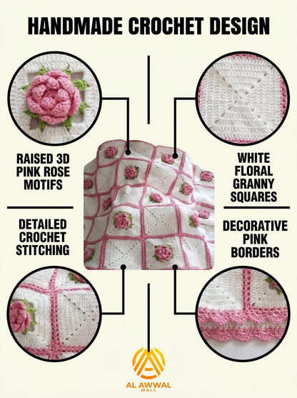 White Crochet Bedsheet with 3D Pink Rose Square Design