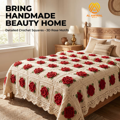 Cream Crochet Bedsheet with Rose Design & Lace-Style Border