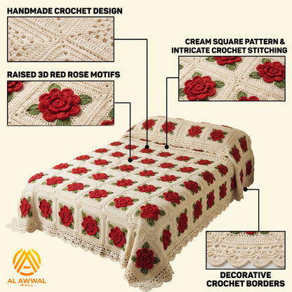 Cream Crochet Bedsheet with Rose Design & Lace-Style Border