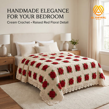 Cream Crochet Bedsheet with Rose Design & Lace-Style Border