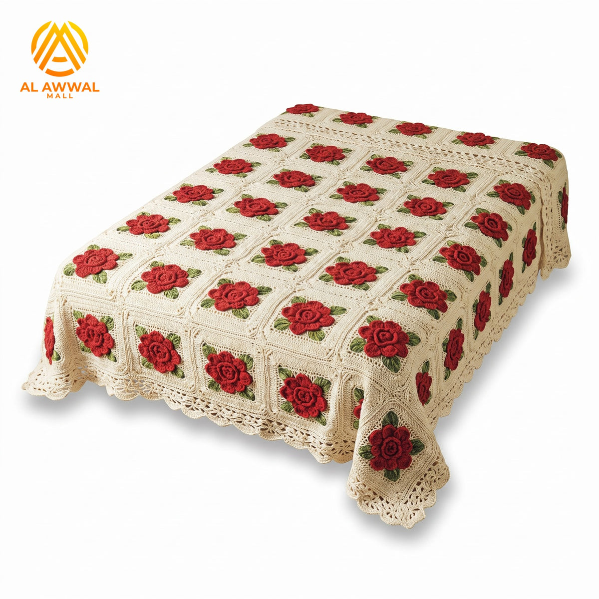 Cream Crochet Bedsheet with Rose Design & Lace-Style Border