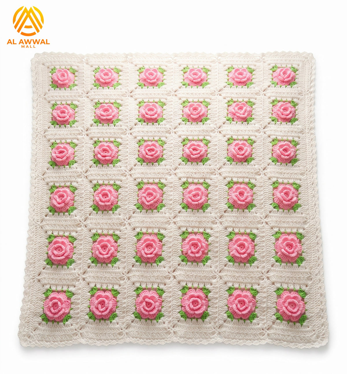 Pink Rose Crochet Bedsheet with Green Leaf Design