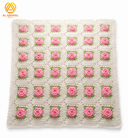 Pink Rose Crochet Bedsheet with Green Leaf Design