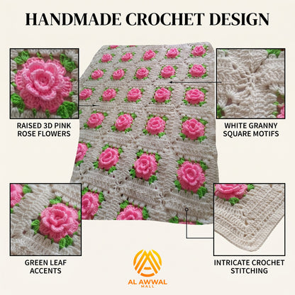 Pink Rose Crochet Bedsheet with Green Leaf Design