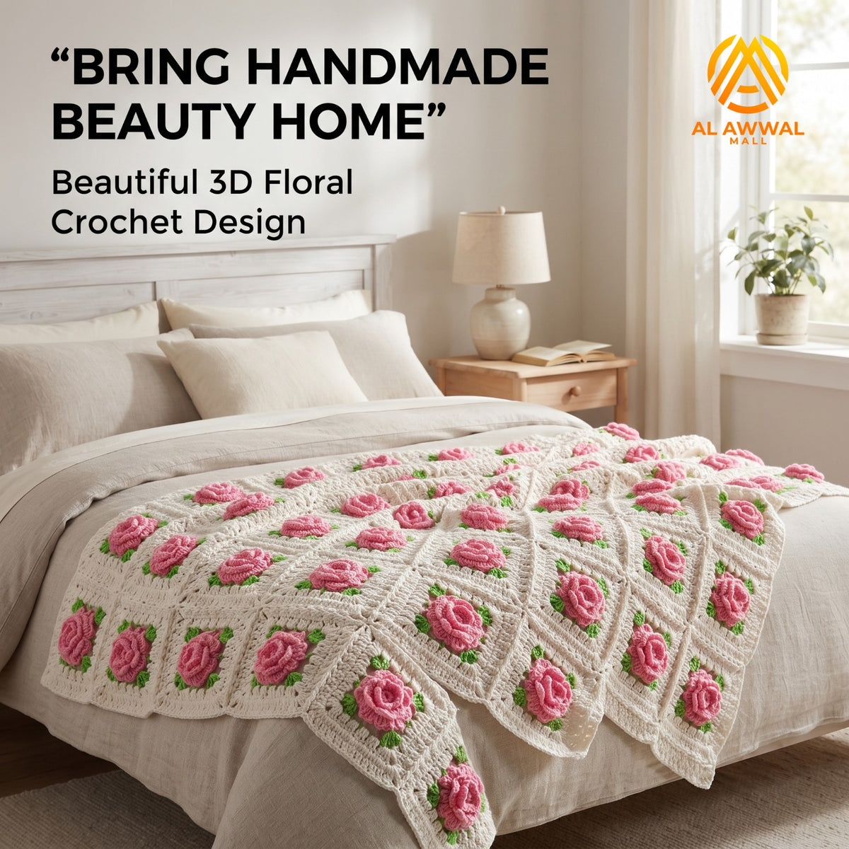 Pink Rose Crochet Bedsheet with Green Leaf Design