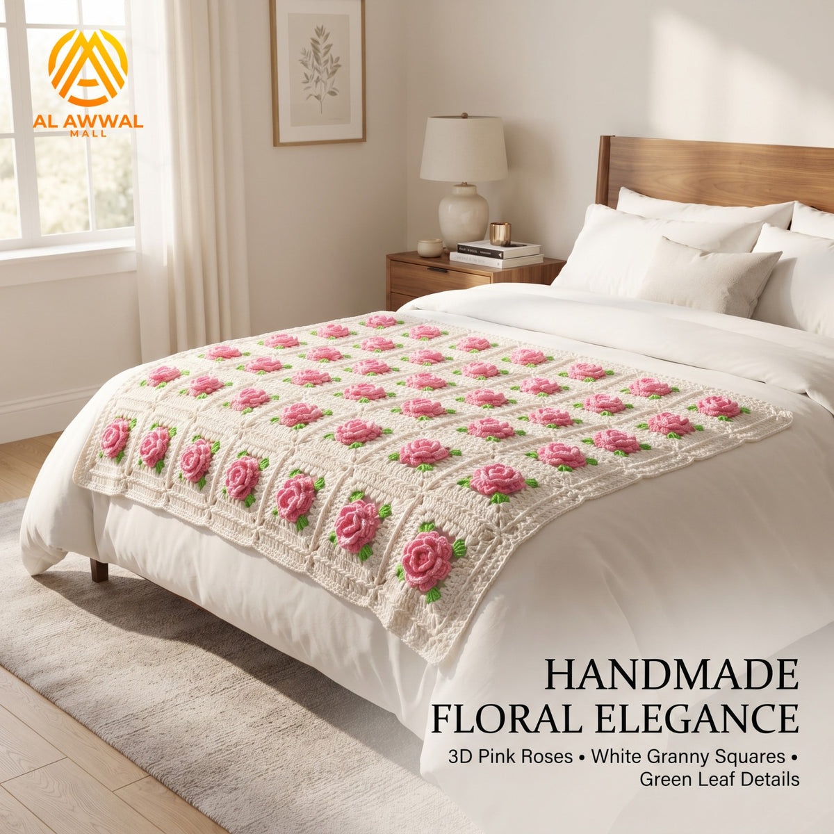 Pink Rose Crochet Bedsheet with Green Leaf Design