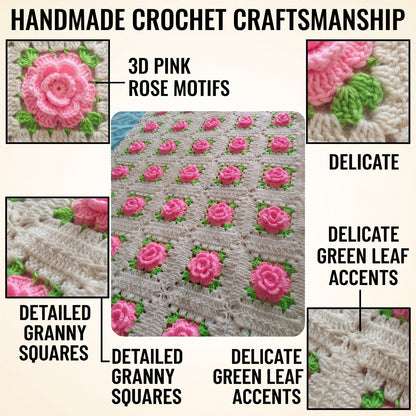 Pink Rose Crochet Bedsheet with Green Leaf Design