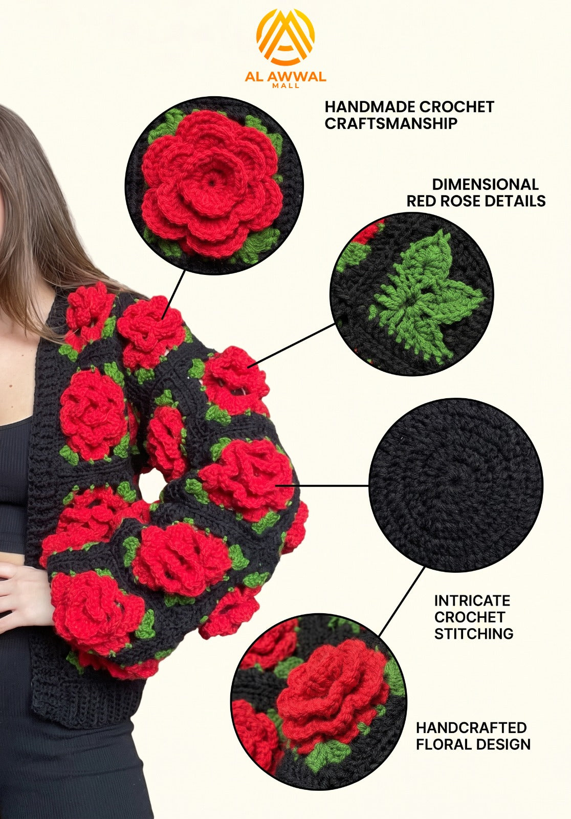 Women’s Handmade Crochet Open-Front Cardigan with Red Roses & Green Leaves