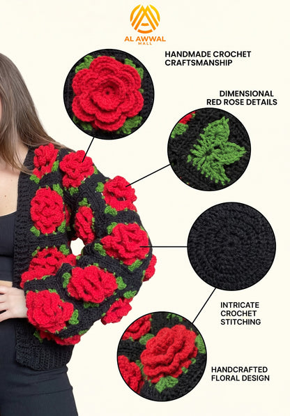 Women’s Handmade Crochet Open-Front Cardigan with Red Roses & Green Leaves