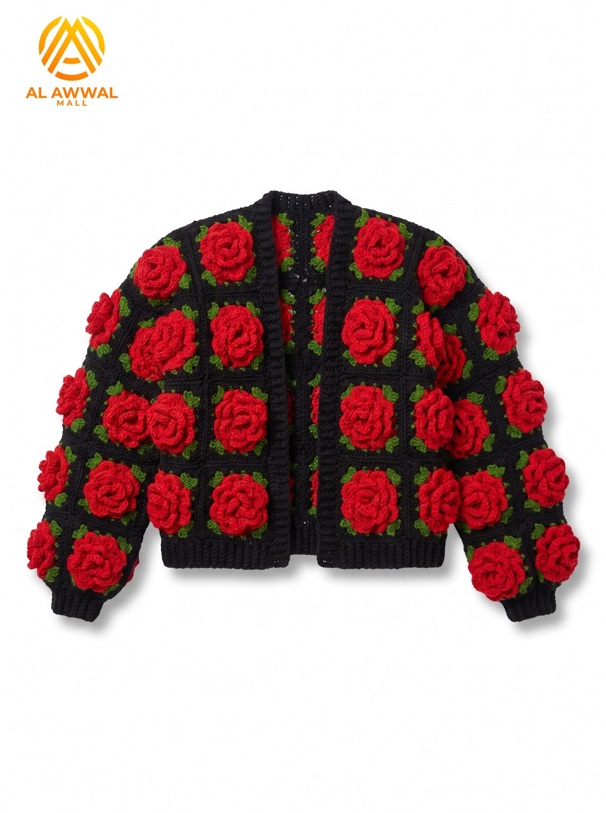 Women’s Handmade Crochet Open-Front Cardigan with Red Roses & Green Leaves