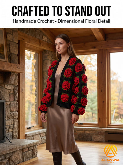 Women’s Handmade Crochet Open-Front Cardigan with Red Roses & Green Leaves