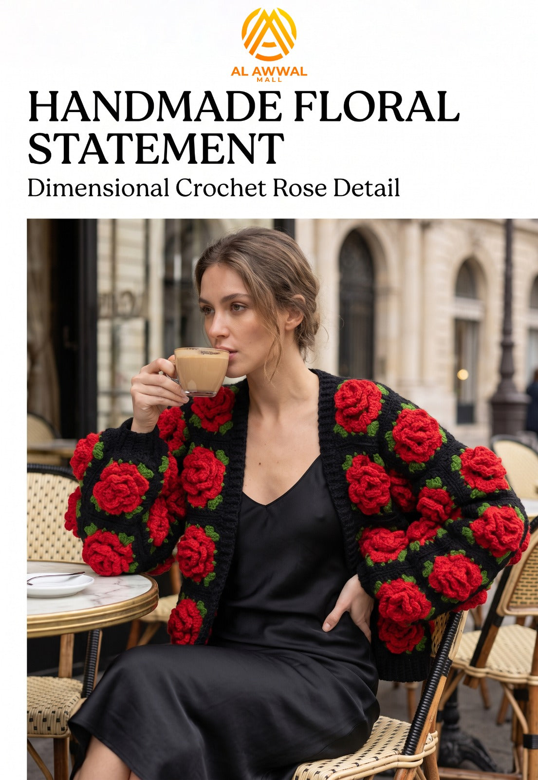 Women’s Handmade Crochet Open-Front Cardigan with Red Roses & Green Leaves