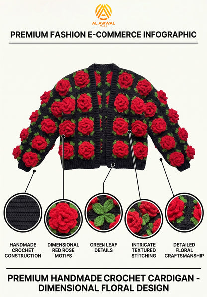 Women’s Handmade Crochet Open-Front Cardigan with Red Roses & Green Leaves