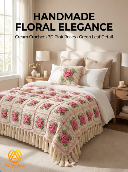 3D Pink Rose Crochet Bedsheet with Green Leaves & Tassel Fringe Border