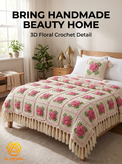 3D Pink Rose Crochet Bedsheet with Green Leaves & Tassel Fringe Border
