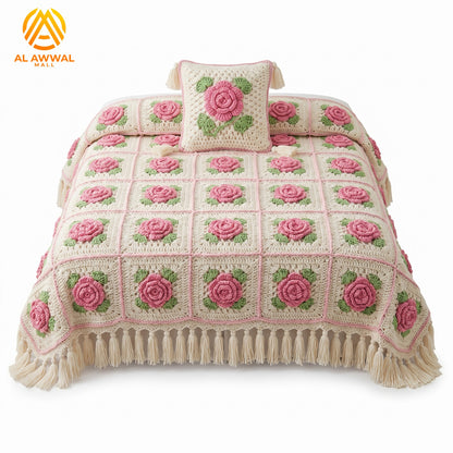 3D Pink Rose Crochet Bedsheet with Green Leaves & Tassel Fringe Border