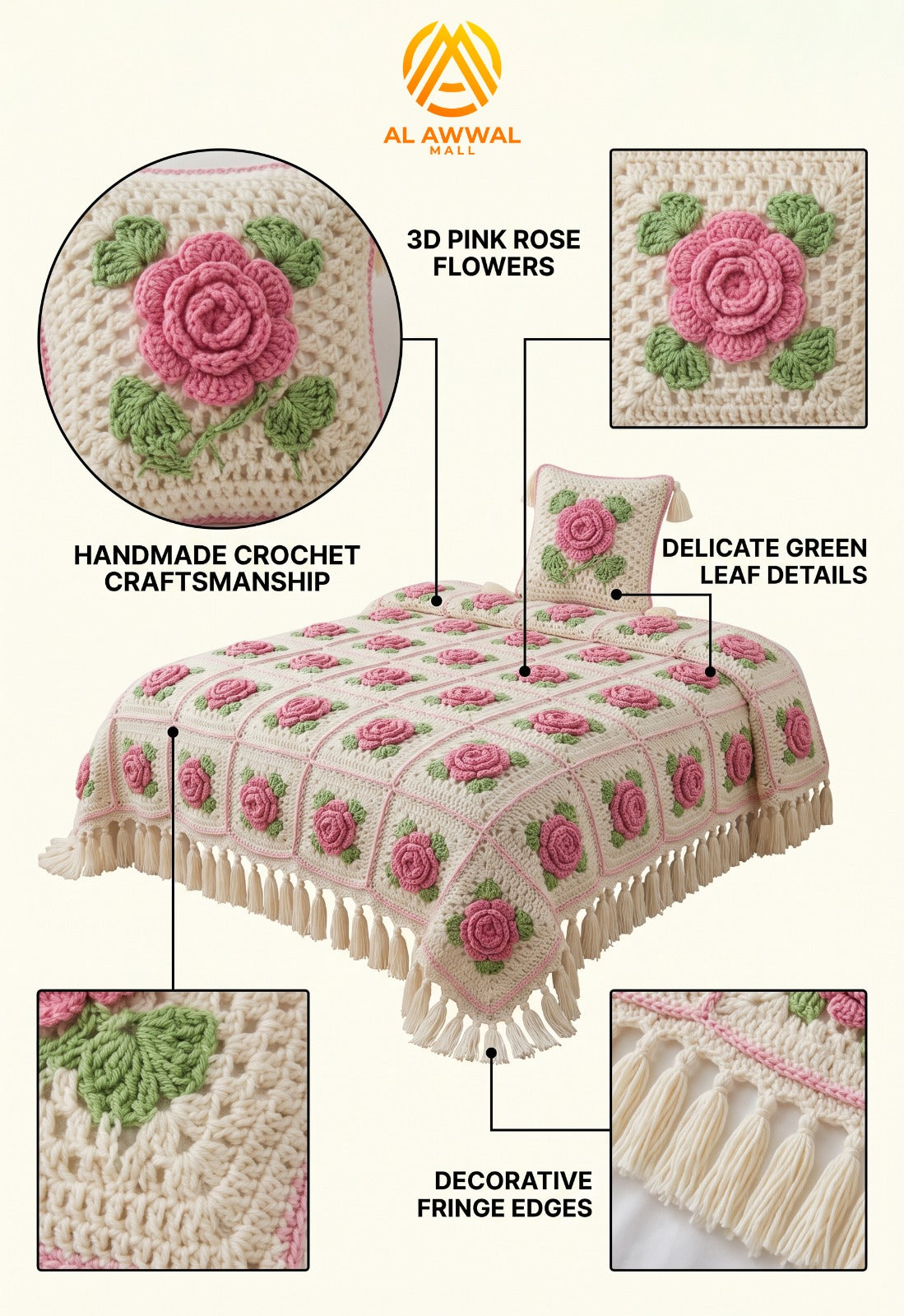 3D Pink Rose Crochet Bedsheet with Green Leaves & Tassel Fringe Border