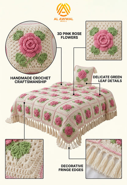 3D Pink Rose Crochet Bedsheet with Green Leaves & Tassel Fringe Border