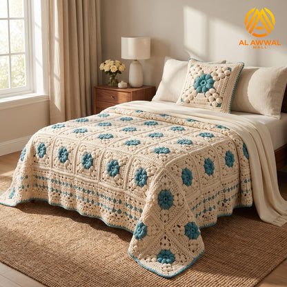 Simple Crochet Bedsheet with Square Block Design & Green Floral Motifs
