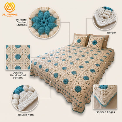 Simple Crochet Bedsheet with Square Block Design & Green Floral Motifs