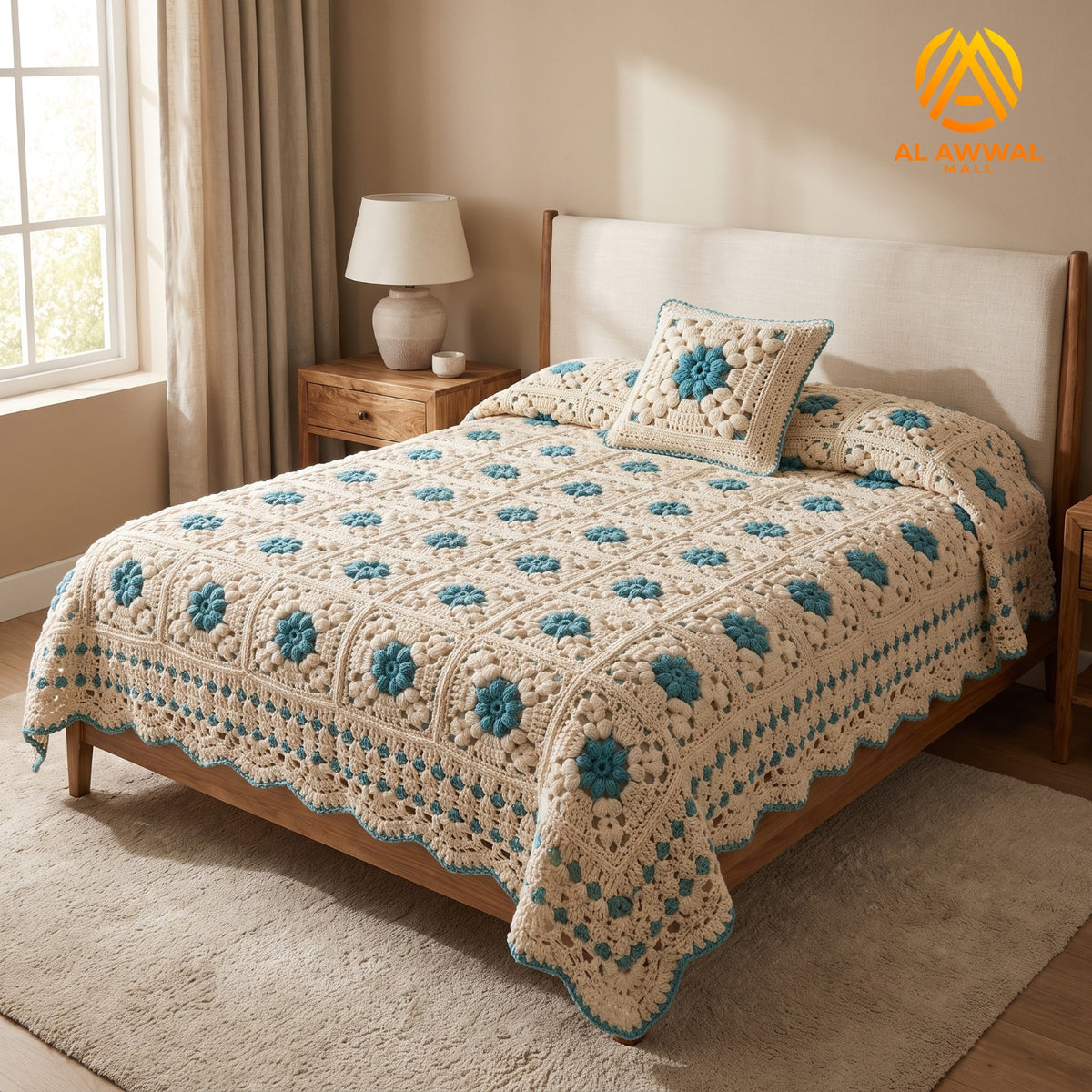 Simple Crochet Bedsheet with Square Block Design & Green Floral Motifs
