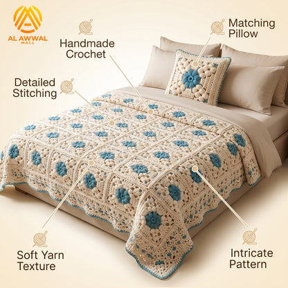 Simple Crochet Bedsheet with Square Block Design & Green Floral Motifs
