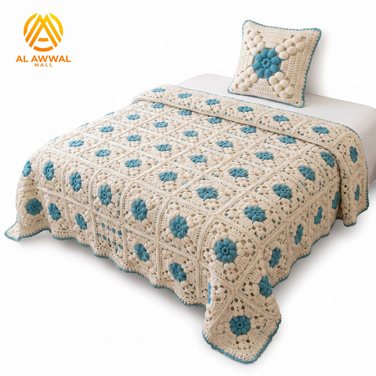 Simple Crochet Bedsheet with Square Block Design & Green Floral Motifs