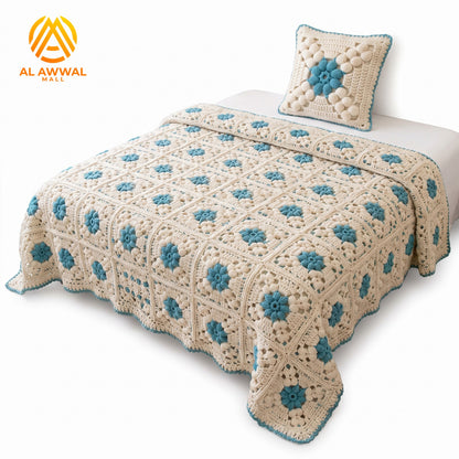 Simple Crochet Bedsheet with Square Block Design & Green Floral Motifs