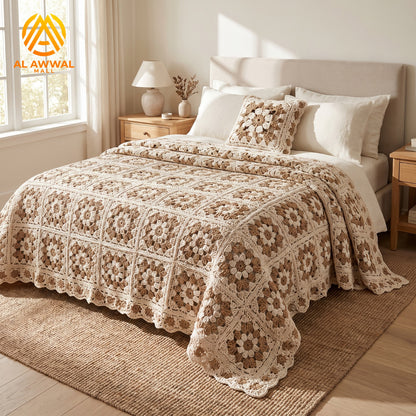 Cream Crochet Bedsheet with Floral Square Motifs & Matching Pillow Covers