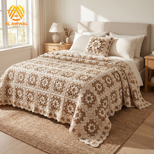 Cream Crochet Bedsheet with Floral Square Motifs & Matching Pillow Covers