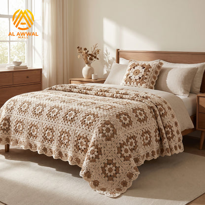 Cream Crochet Bedsheet with Floral Square Motifs & Matching Pillow Covers