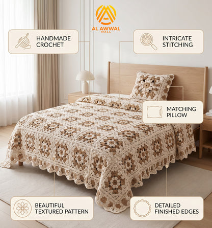 Cream Crochet Bedsheet with Floral Square Motifs & Matching Pillow Covers